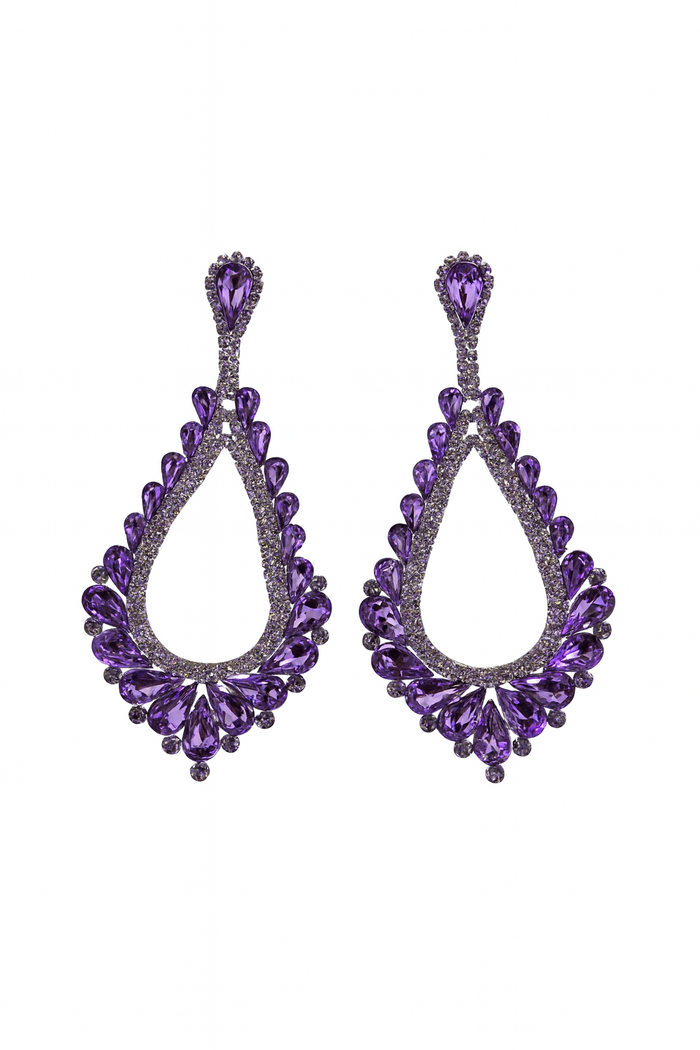 Lilac crystal statement earrings with a dangling teardrop silhouette and sparkling light purple stones.