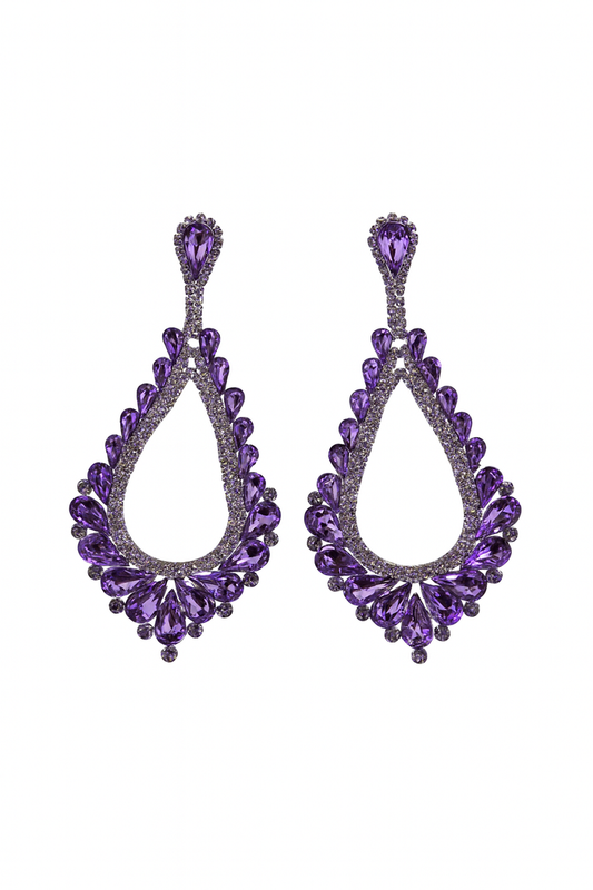 Lilac crystal statement earrings with a dangling teardrop silhouette and sparkling light purple stones.
