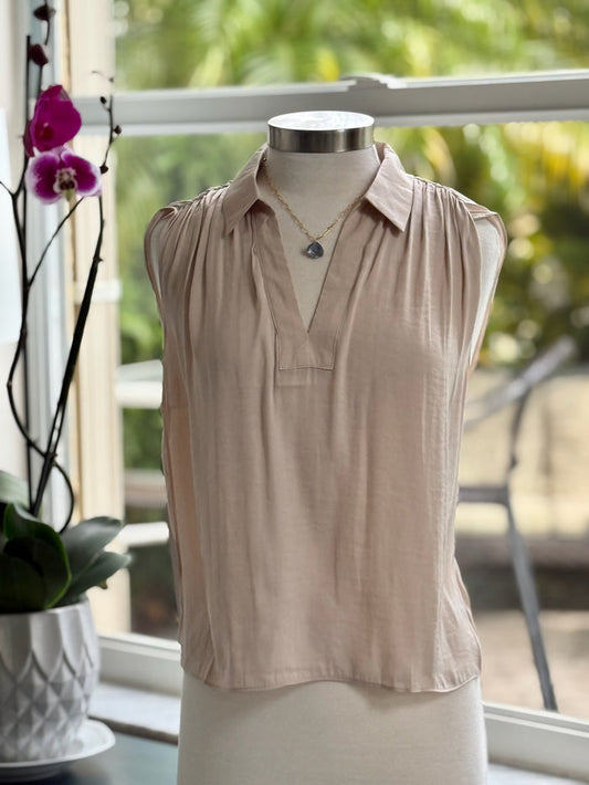 beige sleeveless satin blouse
