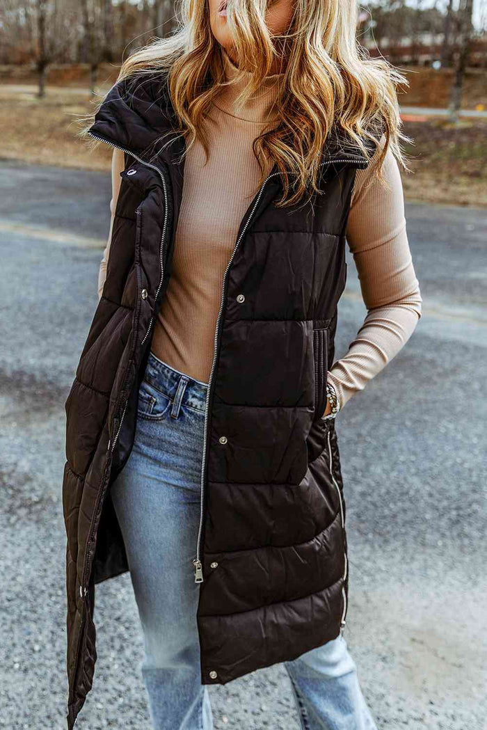Longline Hooded Sleeveless Puffer Vest - Madikfashions.com