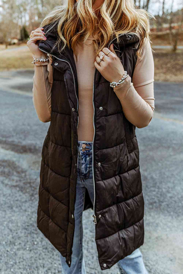 Longline Hooded Sleeveless Puffer Vest - Madikfashions.com