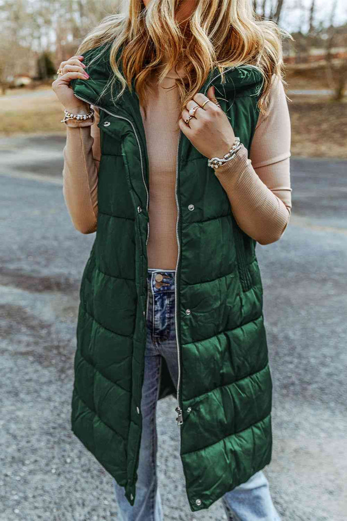 Longline Hooded Sleeveless Puffer Vest - Madikfashions.com