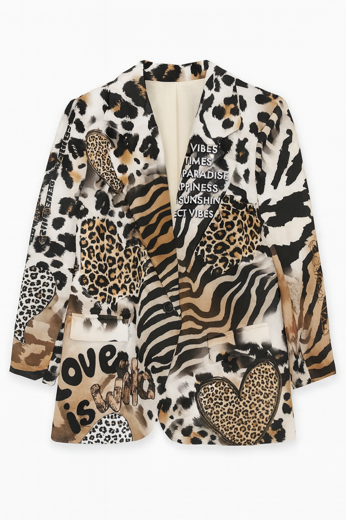 Mixed animal print women's blazer with leopard, zebra, and cheetah-inspired patterns, heart motifs, and graphic text details.