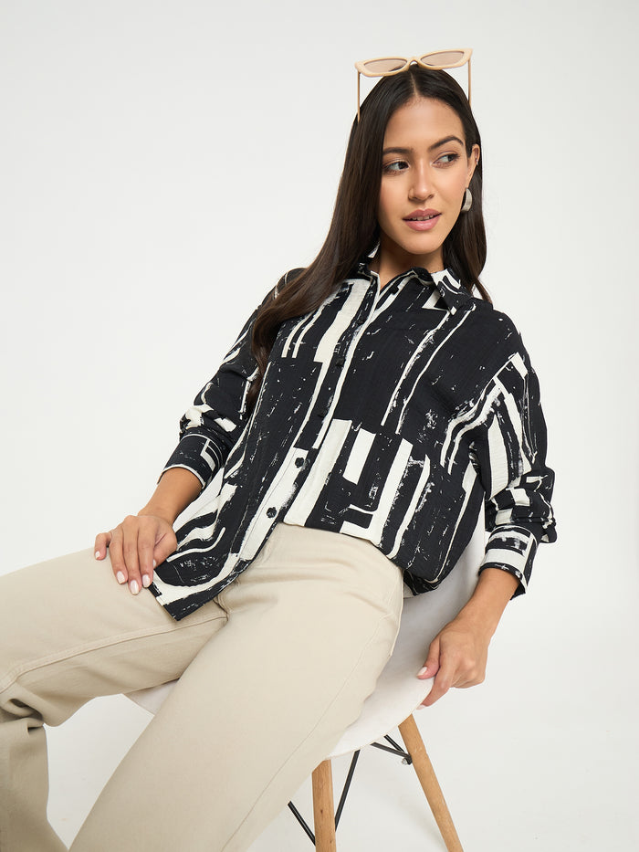 Madame All Over Print Black Cotton Blend Full Shirt
