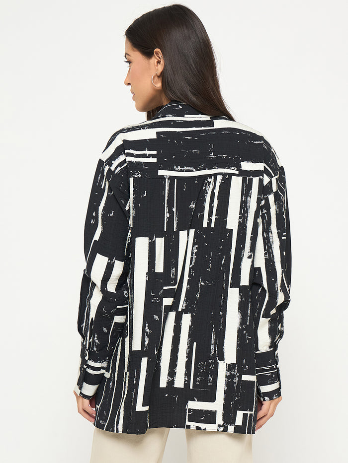 Madame All Over Print Black Cotton Blend Full Shirt