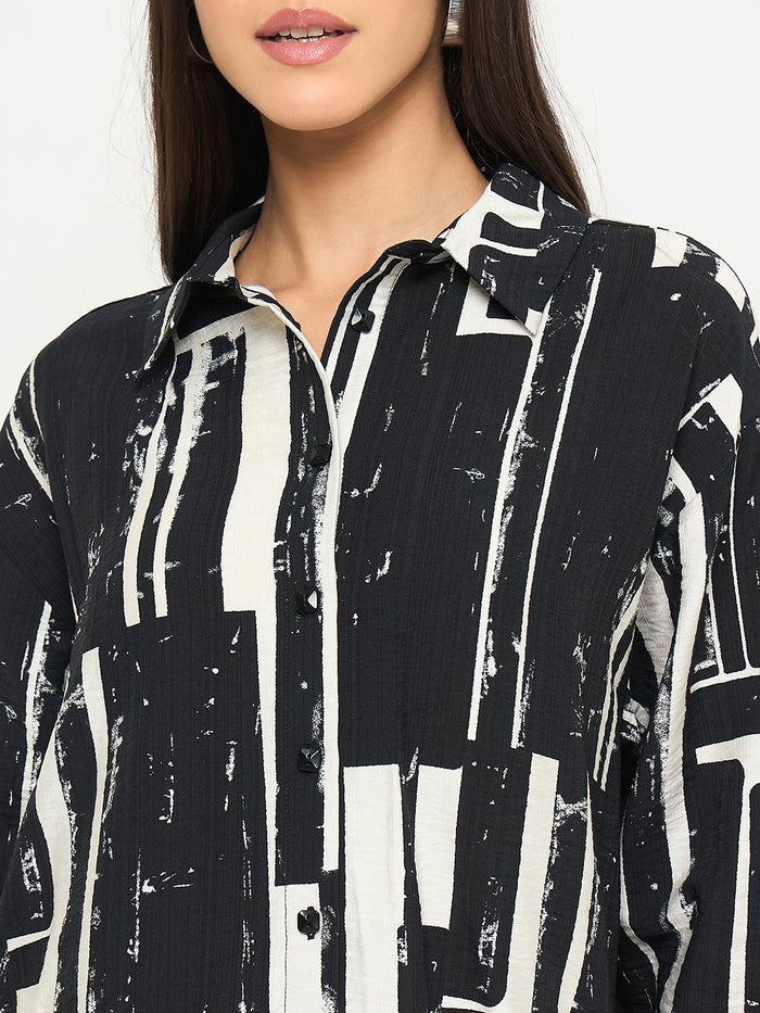Madame All Over Print Black Cotton Blend Full Shirt