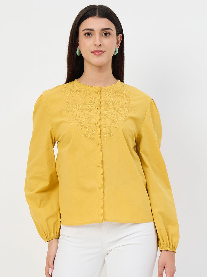 Madame Amber Haze Embroidered Puff-Sleeve Cotton Top