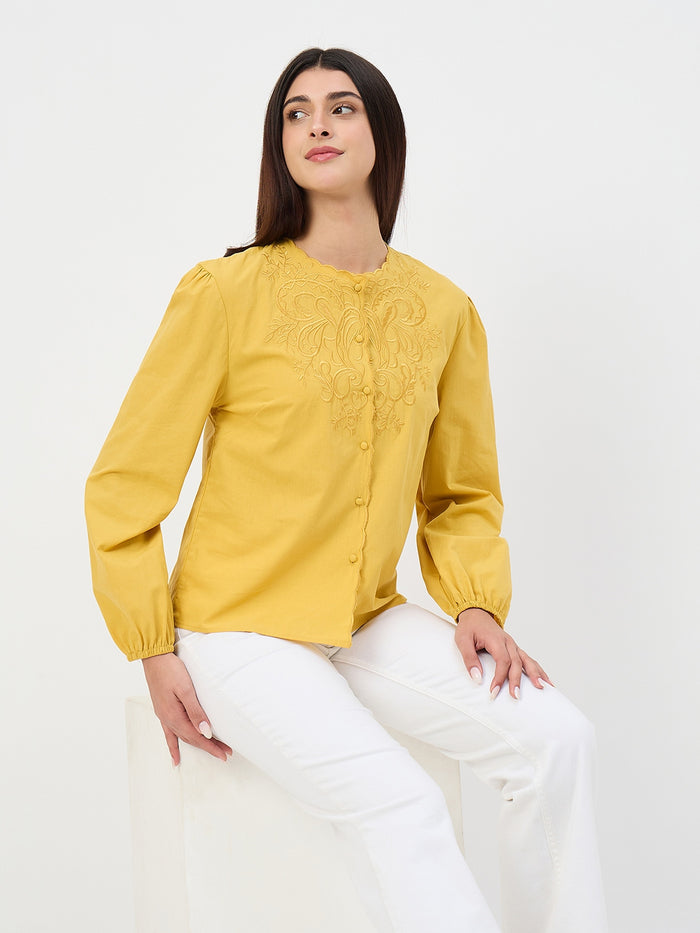 Madame Amber Haze Embroidered Puff-Sleeve Cotton Top