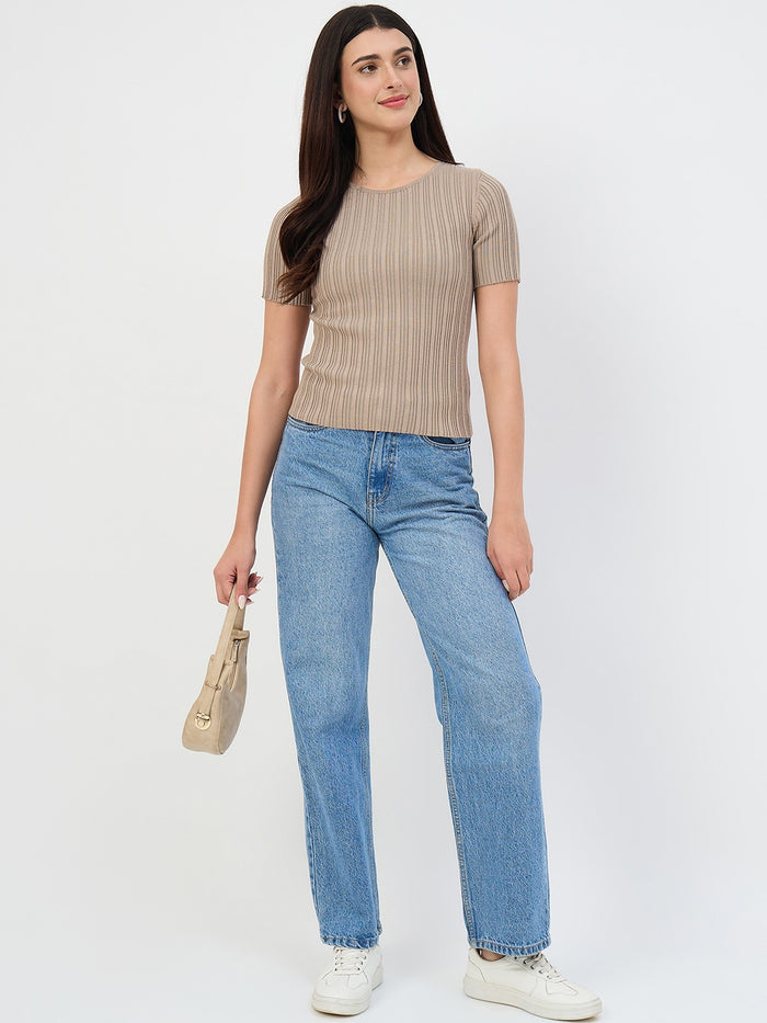 Madame Ash Grey Self-Striped Viscose Knit T-Shirt