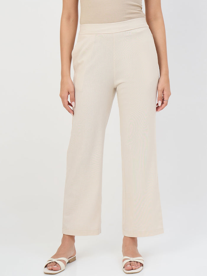 Madame Beige Elastic Waist Linen-Blend Trousers