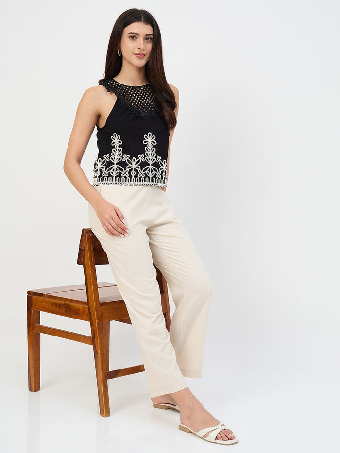 Madame Beige Elastic Waist Linen-Blend Trousers