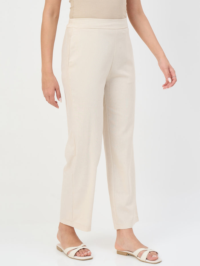 Madame Beige Elastic Waist Linen-Blend Trousers