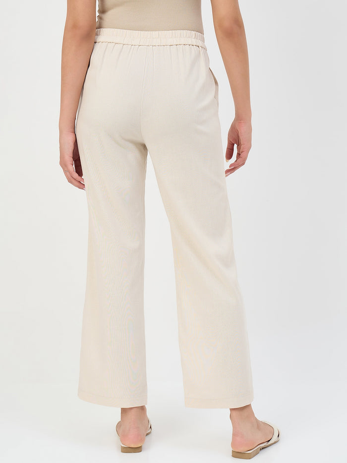 Madame Beige Elastic Waist Linen-Blend Trousers