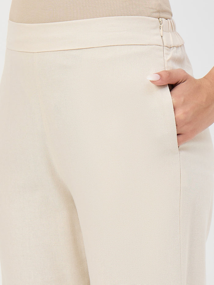 Madame Beige Elastic Waist Linen-Blend Trousers