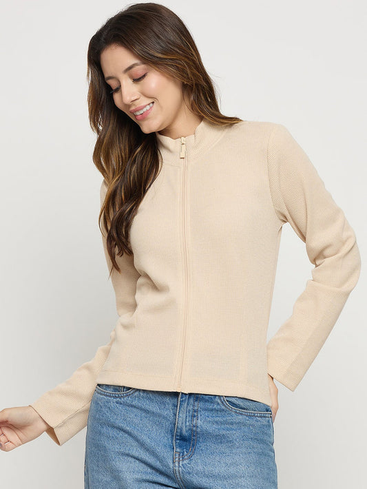 Madame Beige Mock Neck Full Sleeve Top
