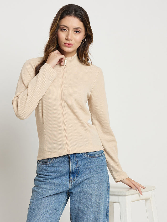 Madame Beige Mock Neck Full Sleeve Top