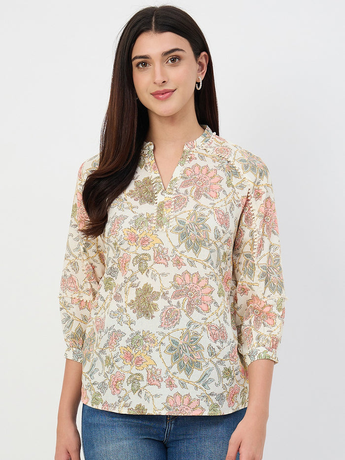 Madame Beige Printed Cotton-Blend Top