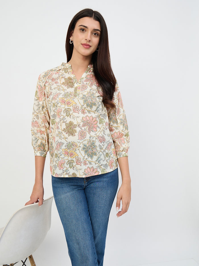 Madame Beige Printed Cotton-Blend Top