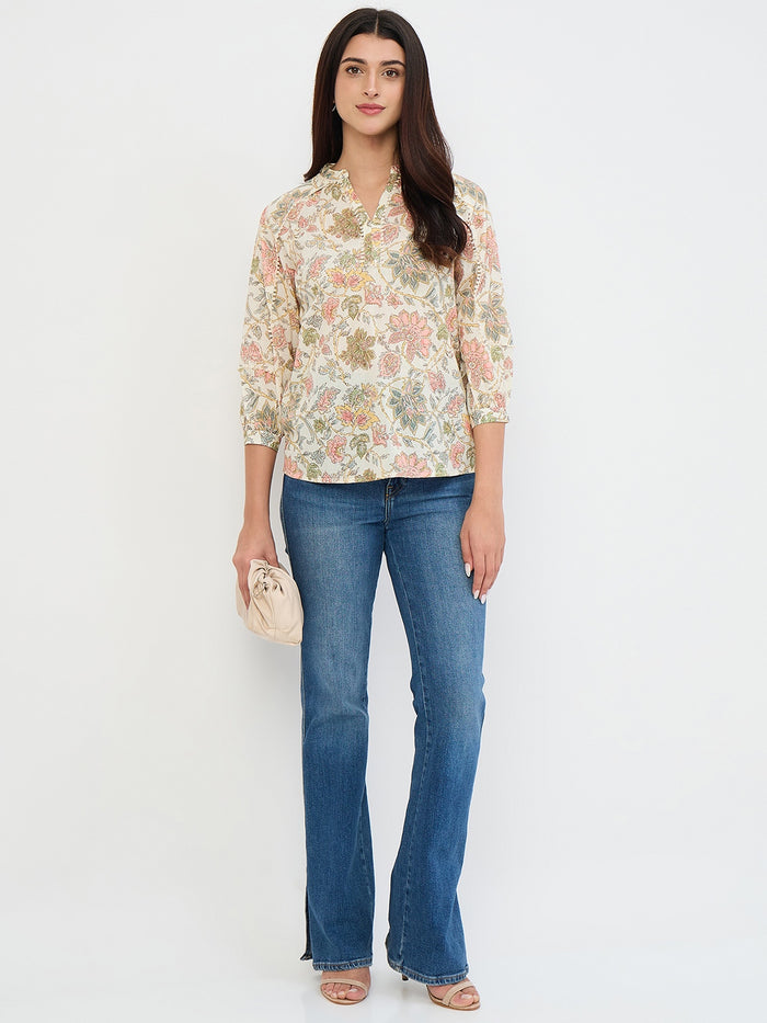 Madame Beige Printed Cotton-Blend Top