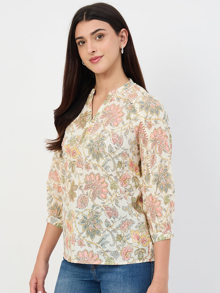 Madame Beige Printed Cotton-Blend Top