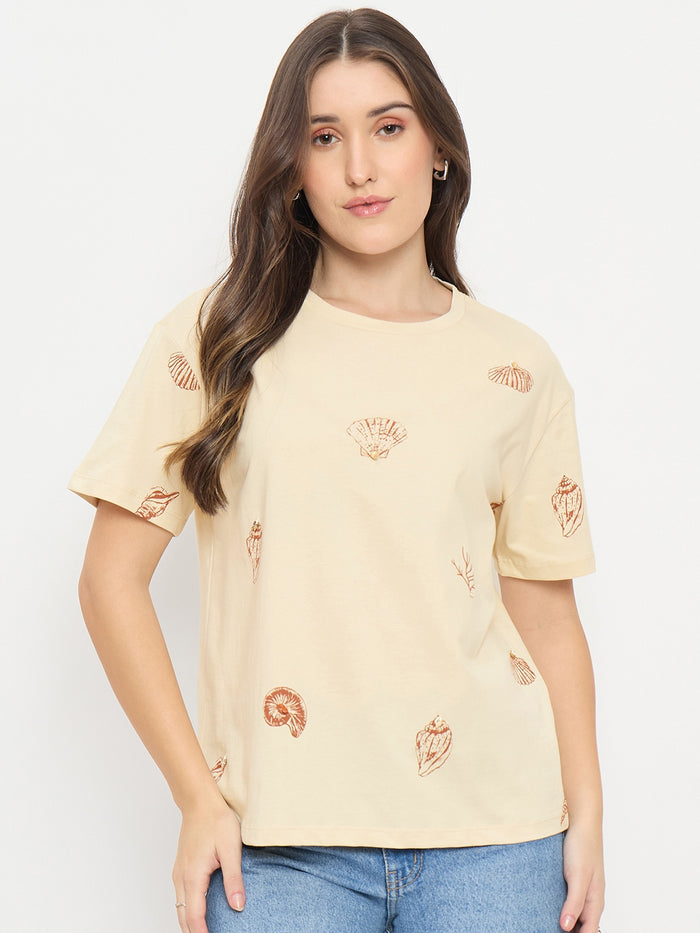 Madame Beige Printed Cotton Round Neck T-Shirt