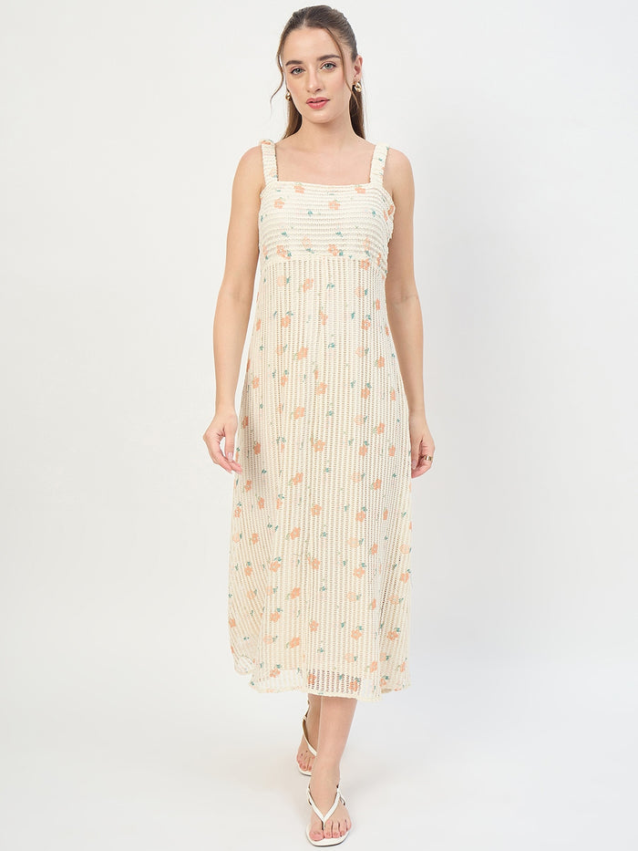 Madame Beige Printed Sleeveless Midi Dress