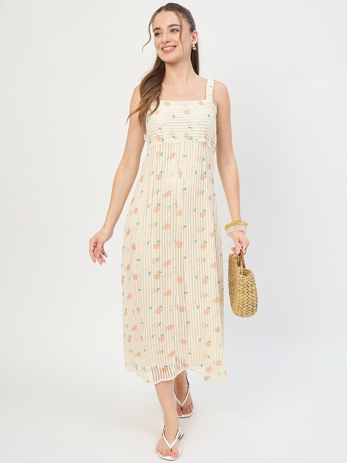 Madame Beige Printed Sleeveless Midi Dress