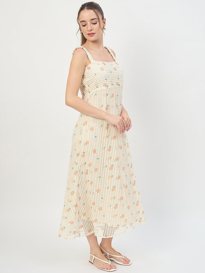 Madame Beige Printed Sleeveless Midi Dress