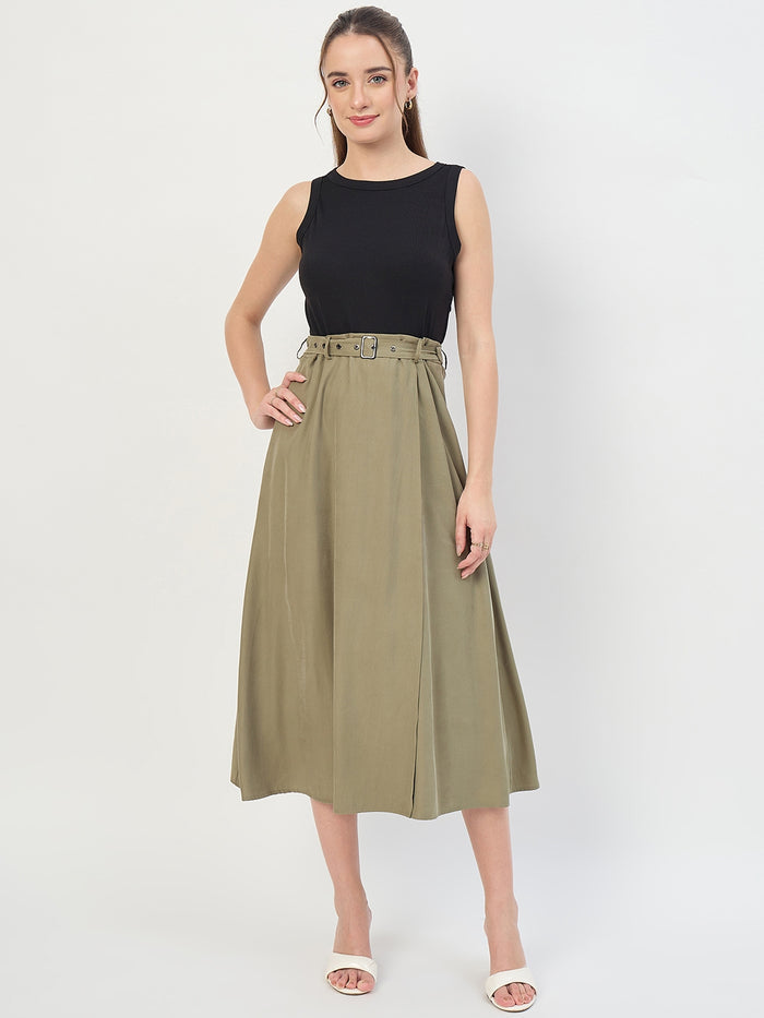 Madame Black Belted Viscose Blend A-Line Midi Dress