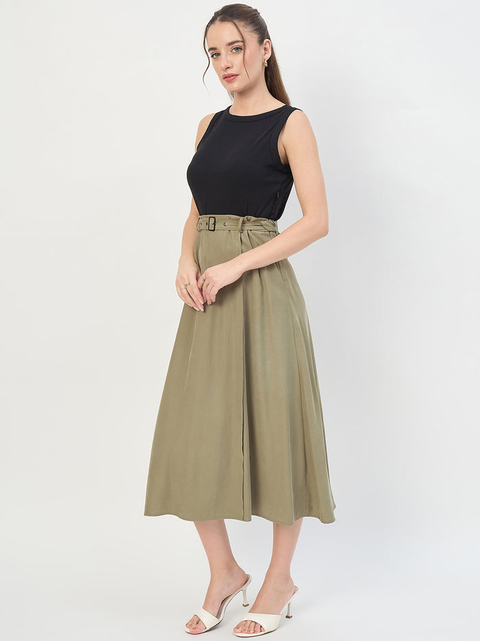 Madame Black Belted Viscose Blend A-Line Midi Dress