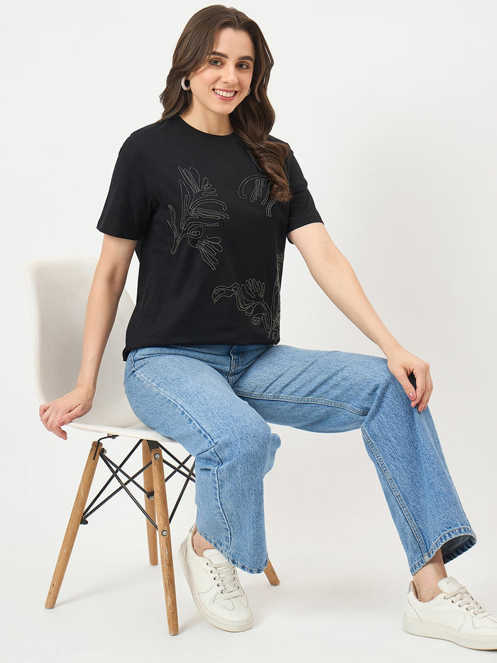 Madame Black Cotton Graphic Half-Sleeve T-Shirt