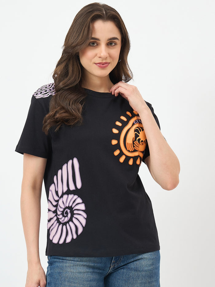 Madame Black Cotton Slim-Fit Half-Sleeve T-Shirt