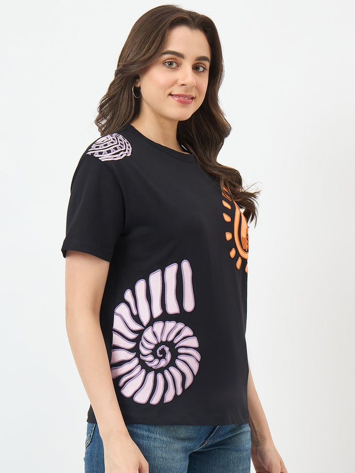 Madame Black Cotton Slim-Fit Half-Sleeve T-Shirt