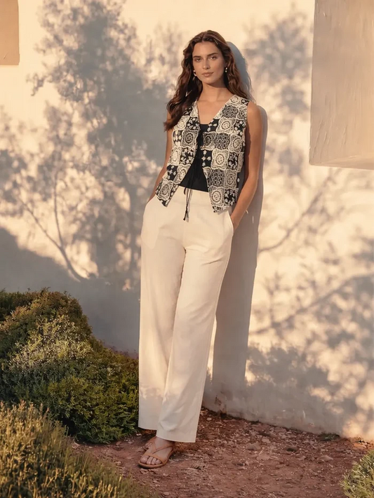 Woman wearing a patterned vest and white pants standing against a white wall with shadows.