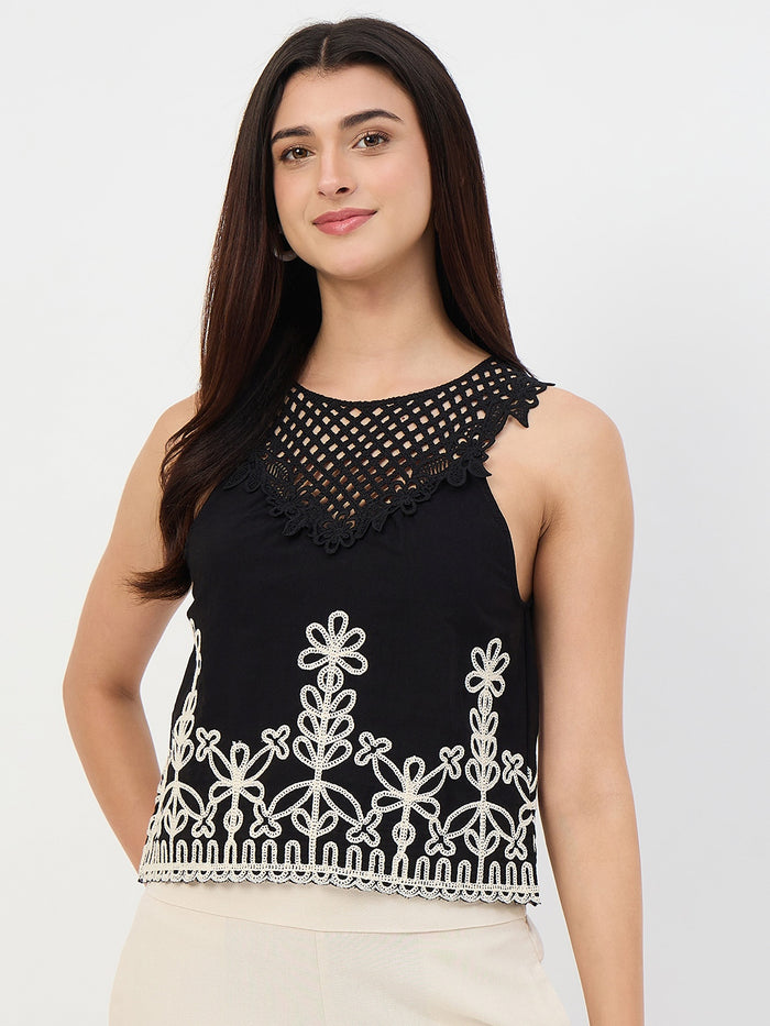 Madame Black Embroidered Cotton-Blend Vest