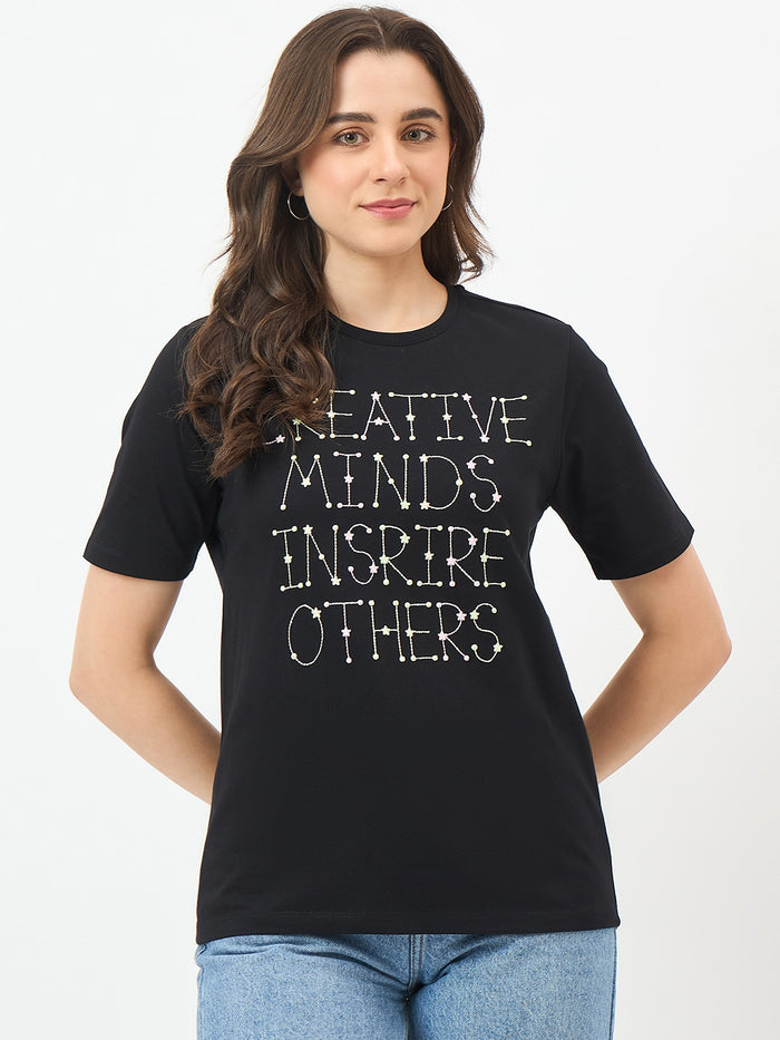 Madame Black Printed Cotton Half-Sleeve T-Shirt