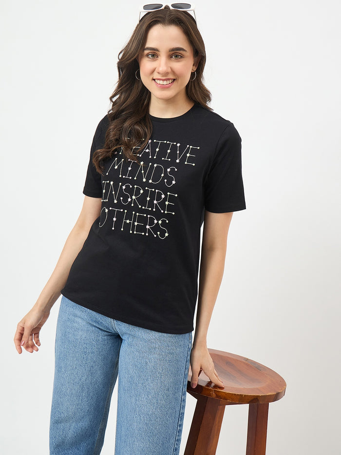 Madame Black Printed Cotton Half-Sleeve T-Shirt
