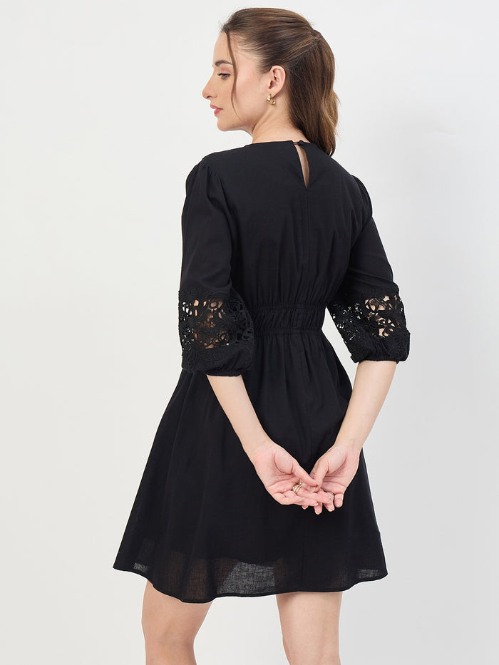 Madame Black Puff Sleeve Cotton Mini Dress