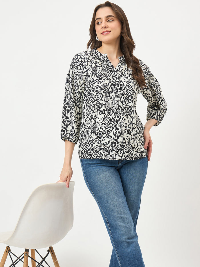 Madame Black Rayon-Blend Puff-Sleeve Top