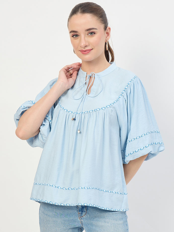 Madame Blue Aura Rayon Ruffle Top with Embroidery Trim