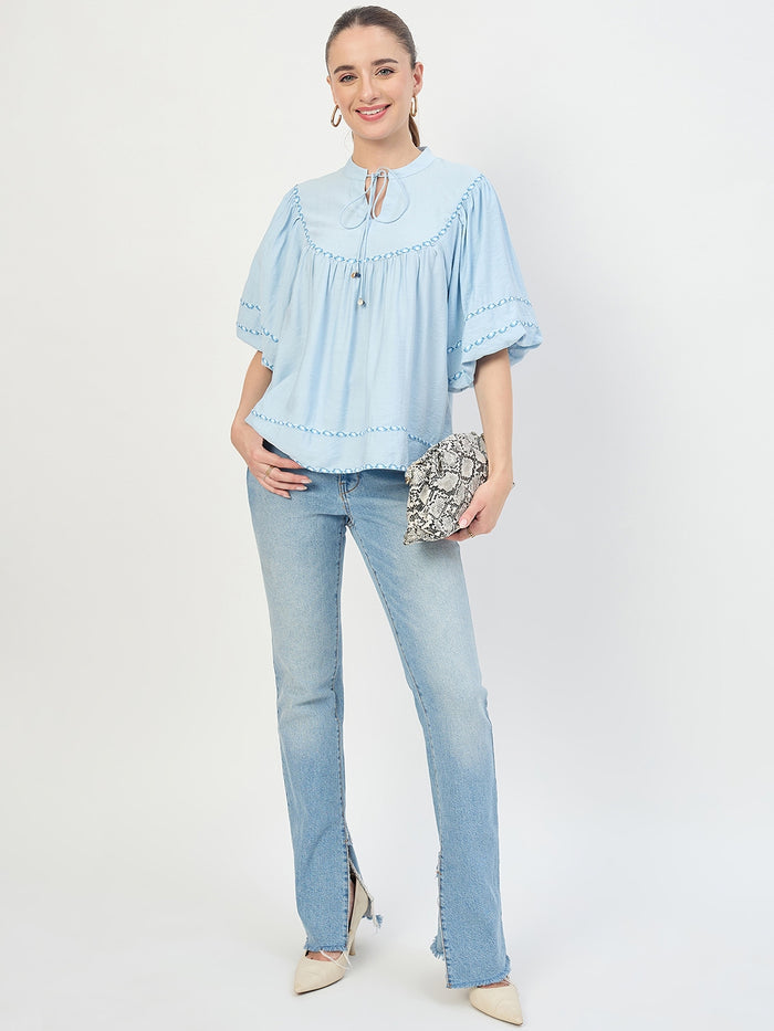 Madame Blue Aura Rayon Ruffle Top with Embroidery Trim