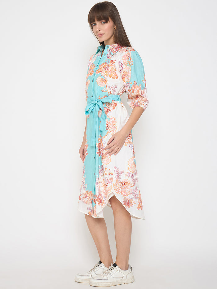 Madame Blue Colorblock Floral Cotton Midi Shirt Dress
