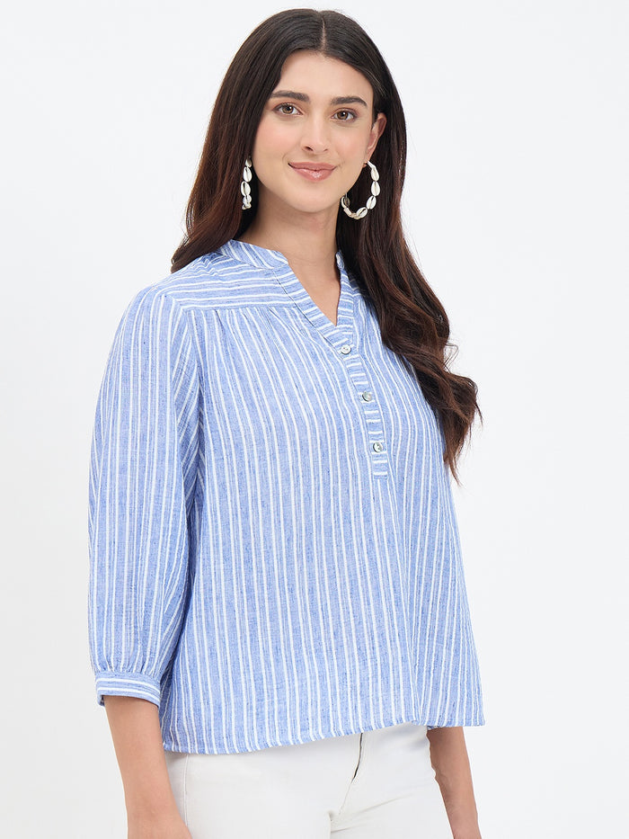 Madame Blue Striped Mandarin Top