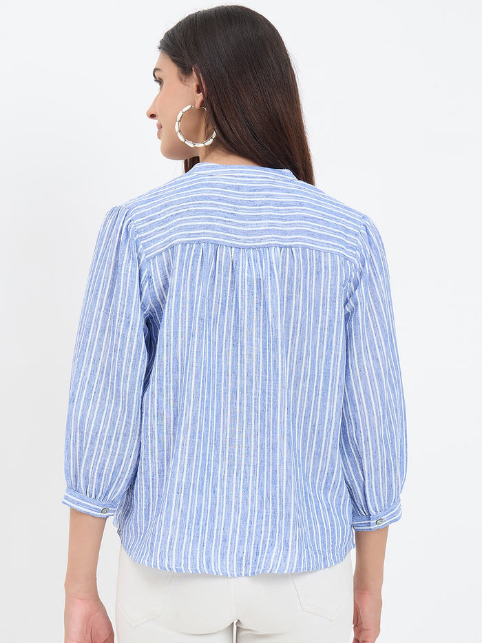 Madame Blue Striped Mandarin Top