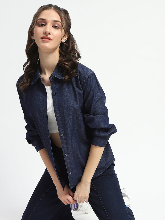 Madame Blue Wash Solid Blue Button Down Denim Shirt