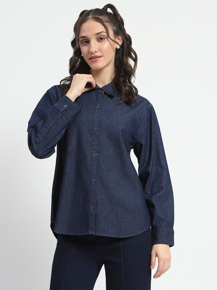 Madame Blue Wash Solid Blue Button Down Denim Shirt