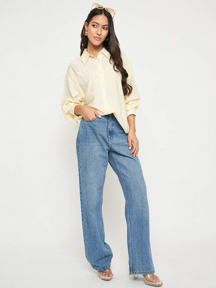 Madame Botanical Embroidery Off White Rayon Blend Shirt