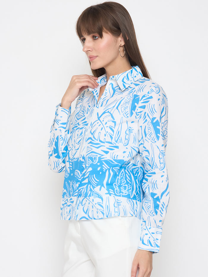 Madame Botanical Print Button Up Front Aqua Blue Shirt