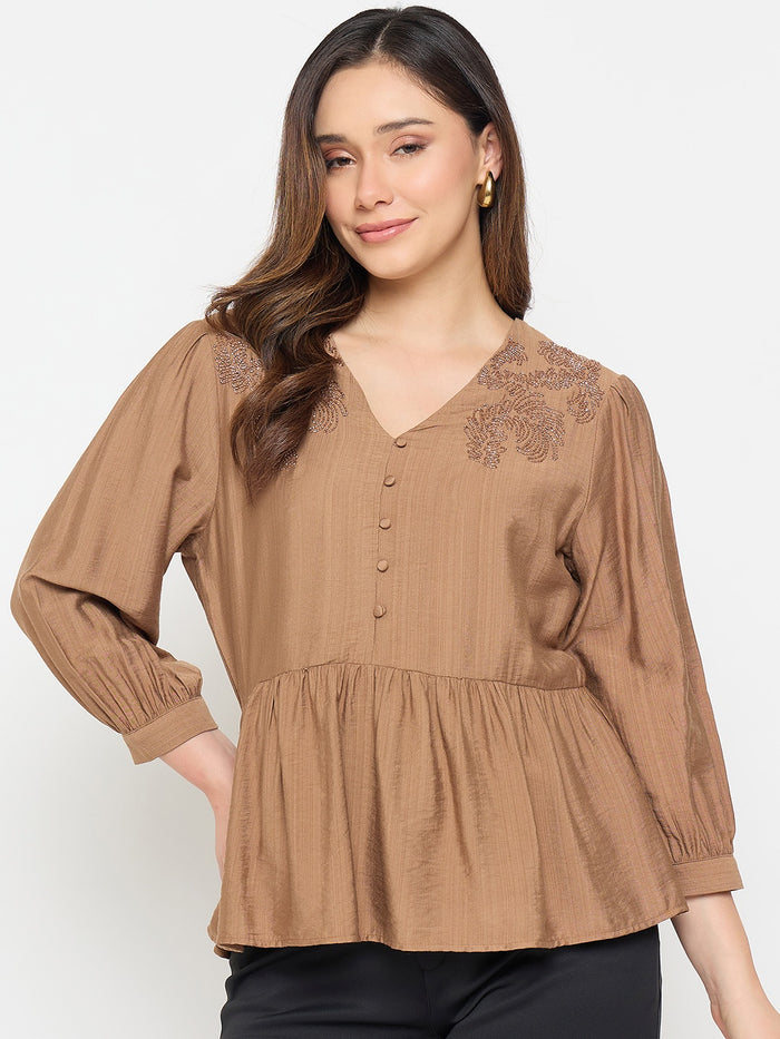 Madame Brown Embroidered Buttoned Peplum Top