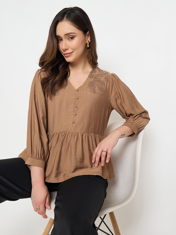 Madame Brown Embroidered Buttoned Peplum Top